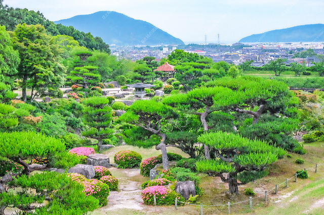 二階から眺める庭園の景色